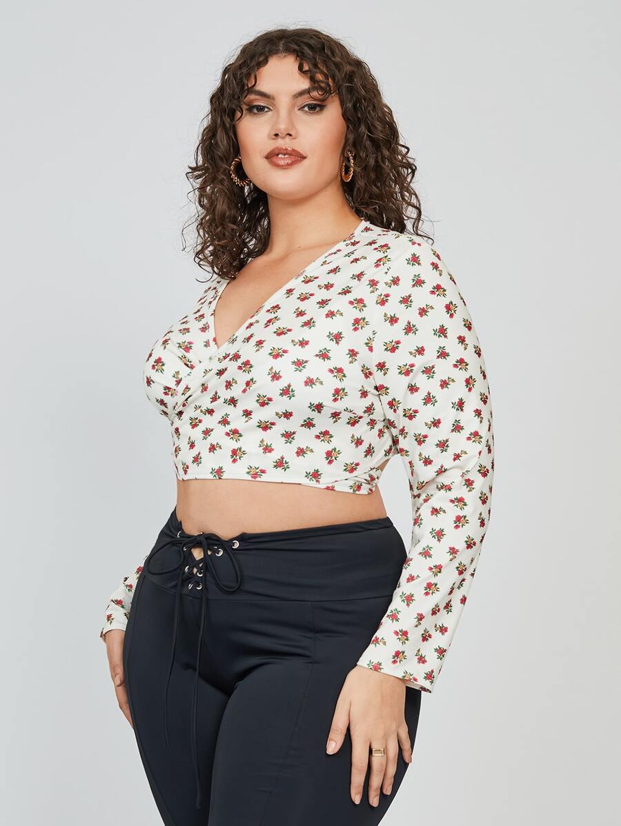 SHEIN Unity 休閒後系帶 交叉小碎花加大襯衫 - 彩色 - 查看 1