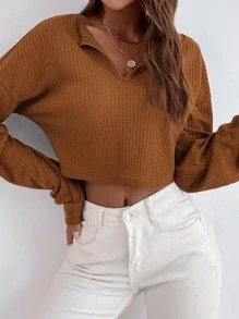 SHEIN Essnce Camiseta de hombros caídos tejido waffle - Marrón - Ver 1