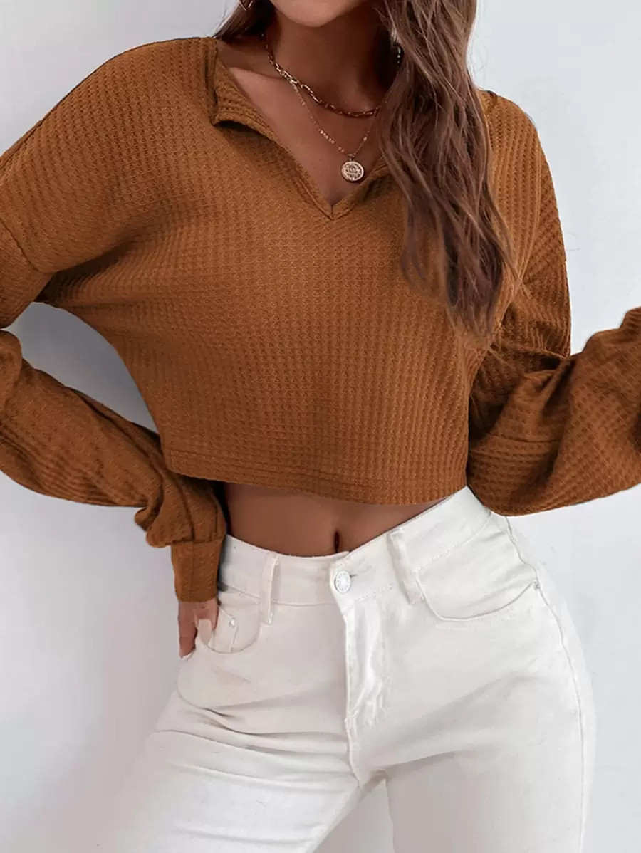 SHEIN Essnce Camiseta de hombros caídos tejido waffle - Marrón - Ver 1