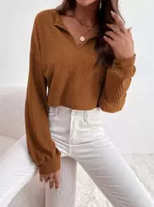 SHEIN Essnce Camiseta de hombros caídos tejido waffle - Marrón - Ver 3
