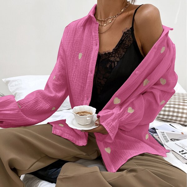 

Heart Pattern Flounce Sleeve Blouse, Pink