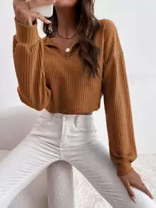 SHEIN Essnce Camiseta de hombros caídos tejido waffle - Marrón - Ver 4