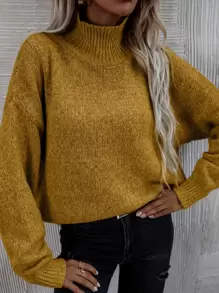 SHEIN LUNE High Neck Drop Shoulder Jumper - Mustard Yellow - View 2