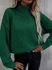 SHEIN LUNE High Neck Drop Shoulder Jumper - Green - View 2