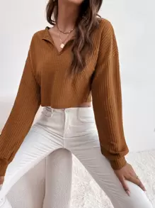 SHEIN Essnce Camiseta de hombros caídos tejido waffle - Marrón - Ver 5