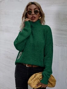 SHEIN LUNE High Neck Drop Shoulder Jumper - Green - View 4