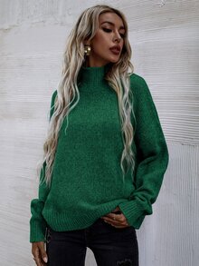 SHEIN LUNE High Neck Drop Shoulder Jumper - Green - View 5
