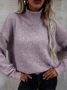SHEIN LUNE High Neck Drop Shoulder Jumper - Mauve Purple - View 5