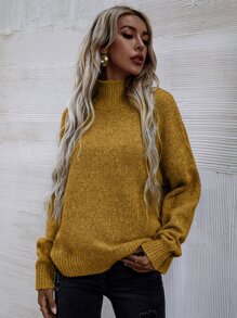 SHEIN LUNE High Neck Drop Shoulder Jumper - Mustard Yellow - View 5