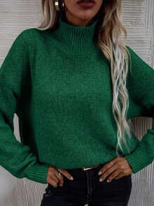 SHEIN LUNE High Neck Drop Shoulder Jumper - Green - View 6