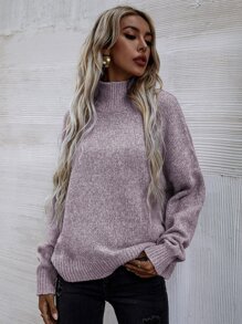 SHEIN LUNE High Neck Drop Shoulder Jumper - Mauve Purple - View 7