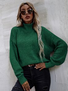 SHEIN LUNE High Neck Drop Shoulder Jumper - Green - View 7