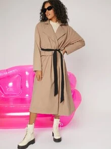 SHEIN Unity Raglan Sleeve Split Back Belted Trench Coat - Khaki - View 1