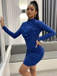 Chiquease 小高領褶邊緊身洋裝 - 寶藍色 - 查看 4