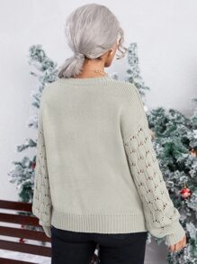 Contrast Pointelle Knit Sleeve Sweater - Grey - View 2