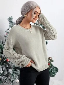 Contrast Pointelle Knit Sleeve Sweater - Grey - View 3