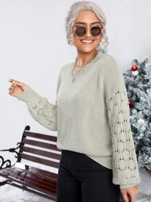 Contrast Pointelle Knit Sleeve Sweater - Grey - View 4