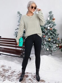 Contrast Pointelle Knit Sleeve Sweater - Grey - View 5