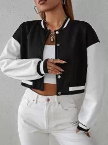 SHEIN Unity Drop Shoulder Two Tone Crop Bomber Jacket Fall Winter Cloth For Women - Black - View 5