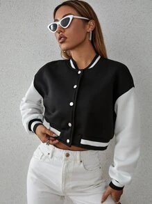 SHEIN Unity Drop Shoulder Two Tone Crop Bomber Jacket Fall Winter Cloth For Women - Black - View 6
