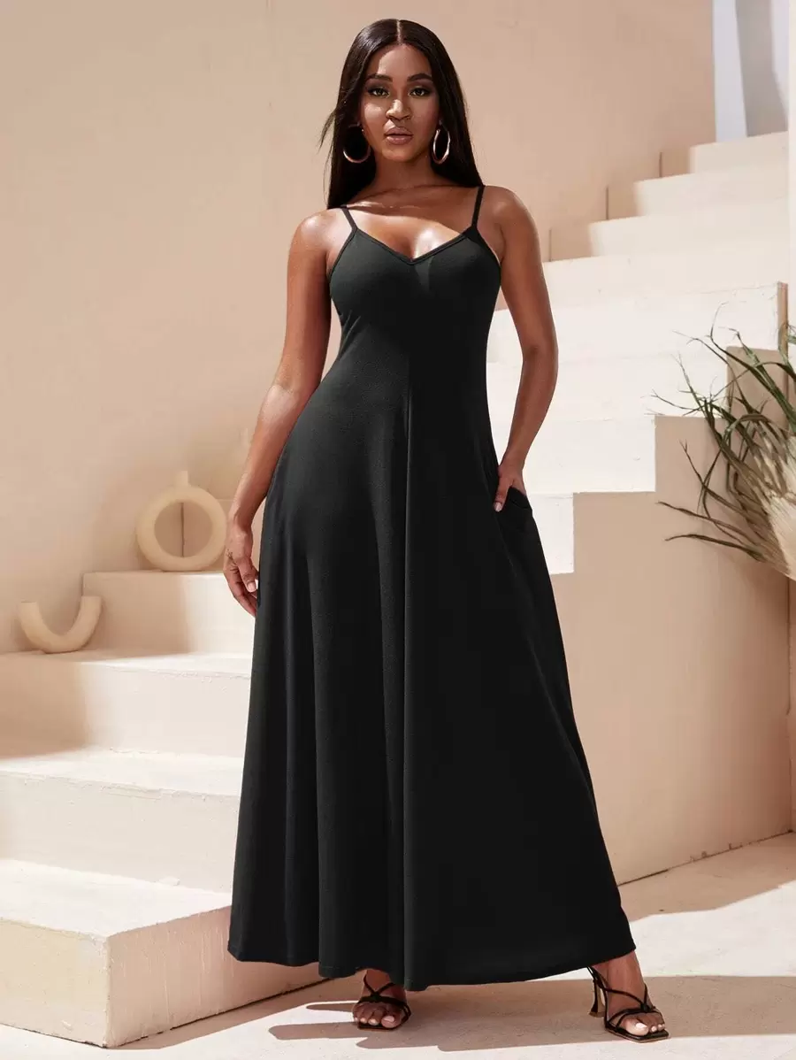 SHEIN SXY Solid Hidden Pocket Cami Beach Dress - Black - View 1