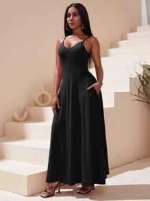 SHEIN SXY Solid Hidden Pocket Cami Beach Dress - Black - View 5