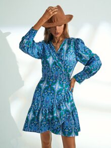 SHEIN Unity Floral Print Knot Side Ruffle Hem Wrap Dress - Multicolor - View 5