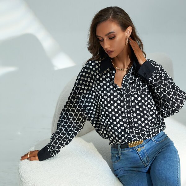 

Ditsy Floral Print Blouse, Black and white