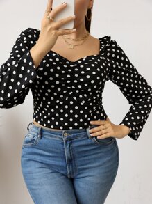 Plus Polka Dot Sweetheart Neck Tee - Black and White - View 1