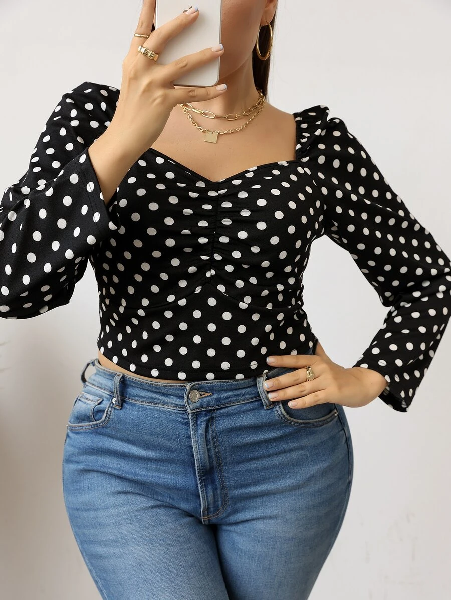 Plus Polka Dot Sweetheart Neck Tee - Black and White - View 1
