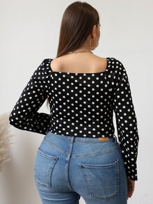 Plus Polka Dot Sweetheart Neck Tee - Black and White - View 2