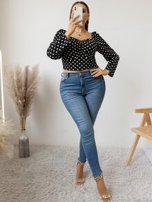 Plus Polka Dot Sweetheart Neck Tee - Black and White - View 4