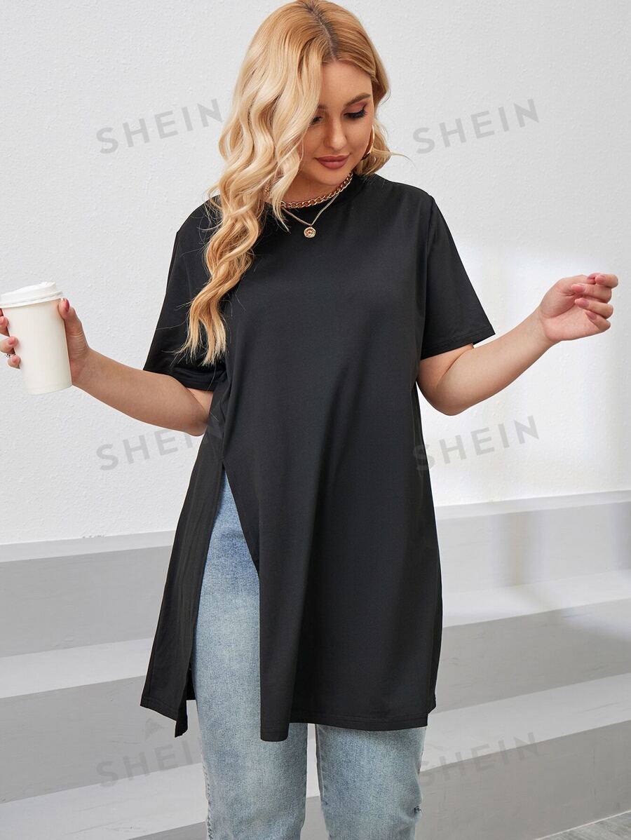 SHEIN LUNE Camiseta bajo con abertura - Negro - Ver 1