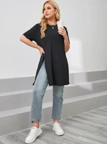 SHEIN LUNE Plus Split Hem Tee - Black - View 3