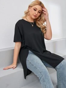 SHEIN LUNE Plus Split Hem Tee - Black - View 4