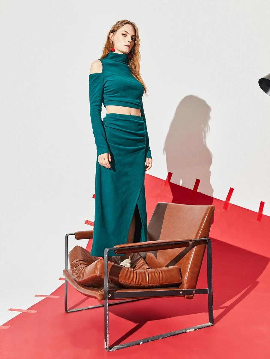 SHEIN Cold Shoulder Crop Top & Wrap Skirt - Teal Blue - View 1