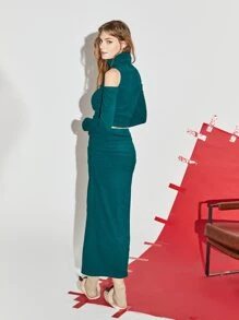 SHEIN Cold Shoulder Crop Top & Wrap Skirt - Teal Blue - View 2