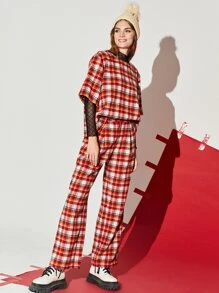 SHEIN EZwear 格紋印花上衣和長褲