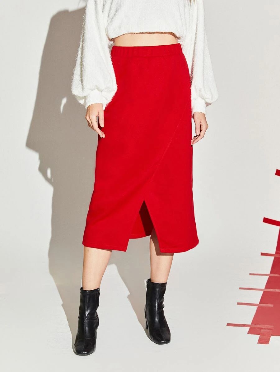SHEIN Solid Slit Hem Skirt - Red - View 1