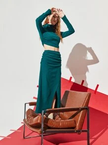 SHEIN Cold Shoulder Crop Top & Wrap Skirt - Teal Blue - View 3