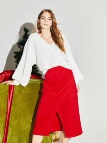 SHEIN Solid Slit Hem Skirt - Red - View 3