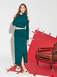 SHEIN Cold Shoulder Crop Top & Wrap Skirt - Teal Blue - View 4