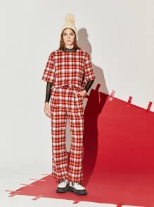 SHEIN EZwear 格紋印花上衣和長褲