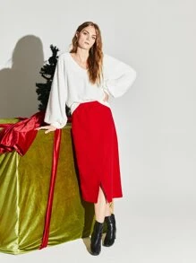 SHEIN Solid Slit Hem Skirt - Red - View 4