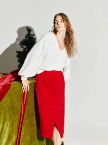 SHEIN Solid Slit Hem Skirt - Red - View 5