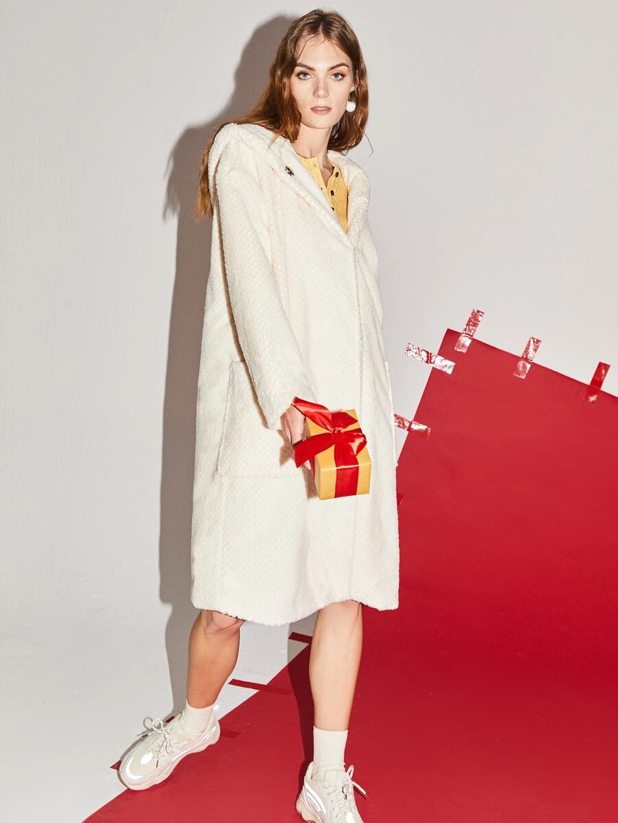 SHEIN EZwear Abrigo de hombros caídos con capucha forro polar - Blanco - Ver 1