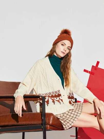 SHEIN EZwear Cable Knit Geo Pattern Cardigan