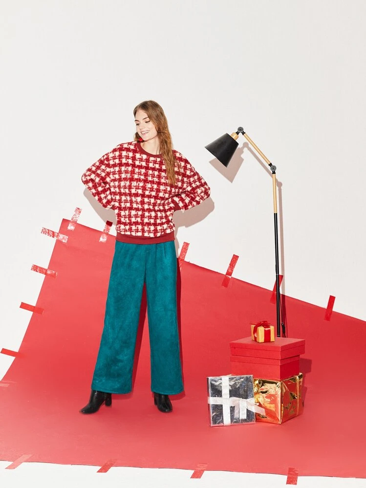 SHEIN EZwear Plaid Pattern Letter Embroidery Drop Shoulder Fleece Pullover - Red - View 1