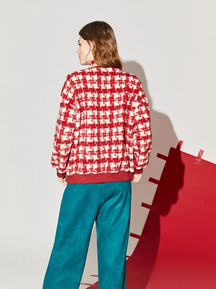 SHEIN EZwear Plaid Pattern Letter Embroidery Drop Shoulder Fleece Pullover - Red - View 2