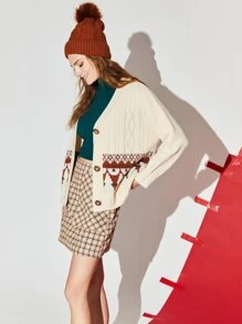 SHEIN EZwear Cable Knit Geo Pattern Cardigan